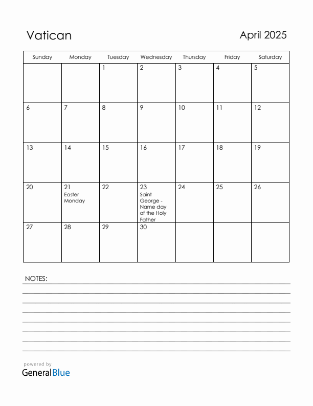 April 2025 Vatican Calendar with Holidays (Sunday Start)