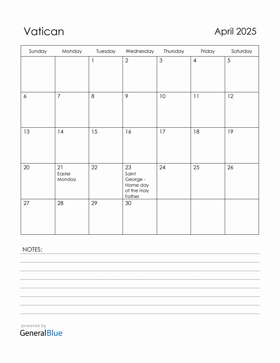 April 2025 Vatican Calendar with Holidays