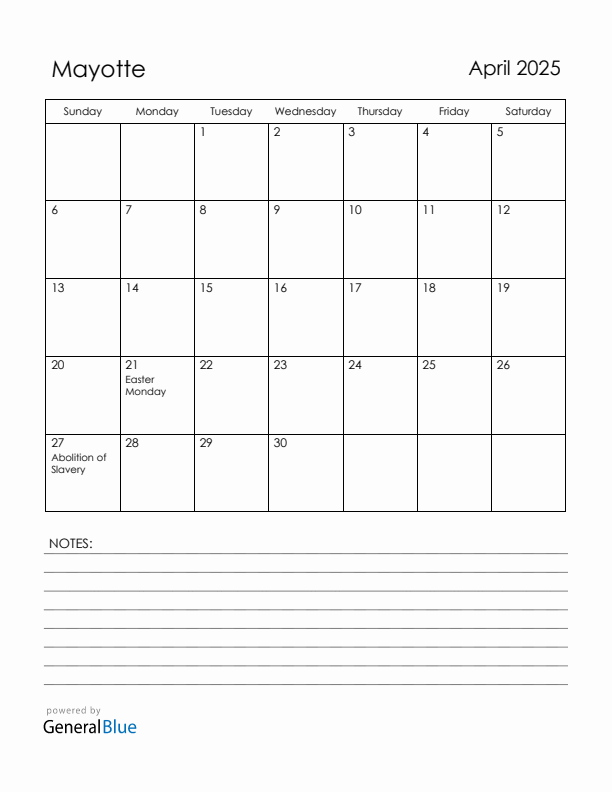 April 2025 Mayotte Calendar with Holidays (Sunday Start)