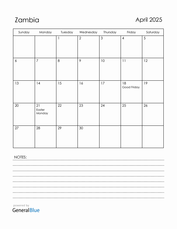 April 2025 Zambia Calendar with Holidays (Sunday Start)