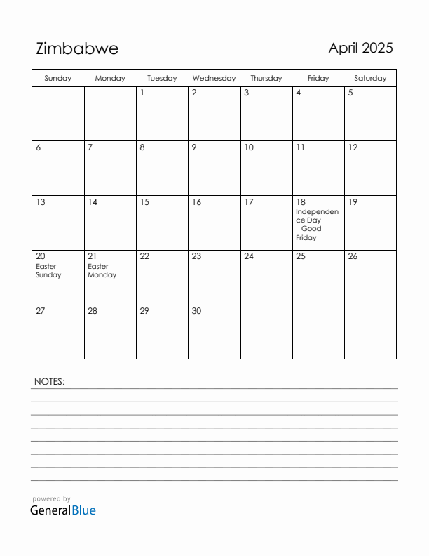 April 2025 Zimbabwe Calendar with Holidays (Sunday Start)