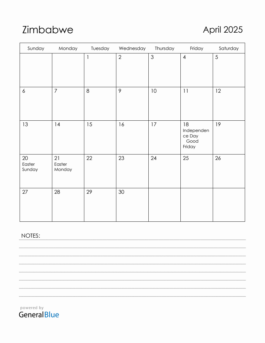April 2025 Zimbabwe Calendar with Holidays