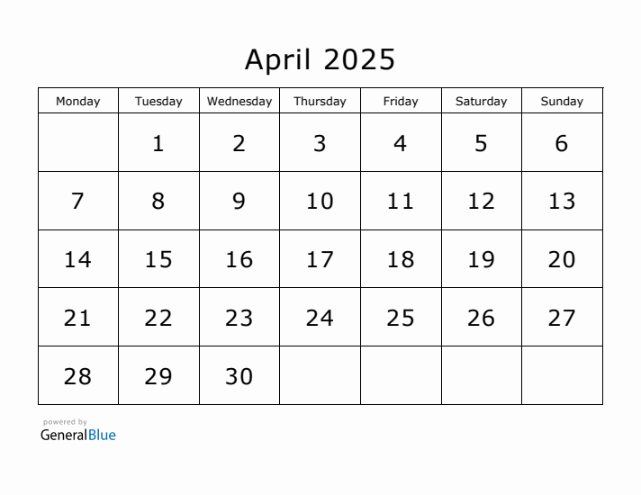 Printable April 2025 Calendar - Monday Start