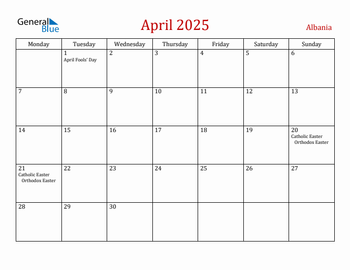 Albania April 2025 Calendar - Monday Start