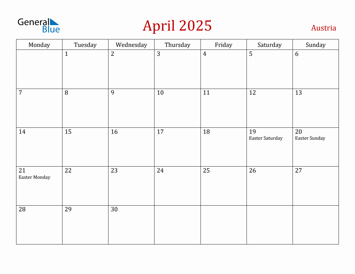 April 2025 Austria Monthly Calendar with Holidays