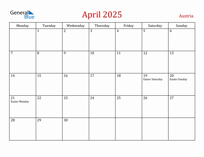 Austria April 2025 Calendar - Monday Start