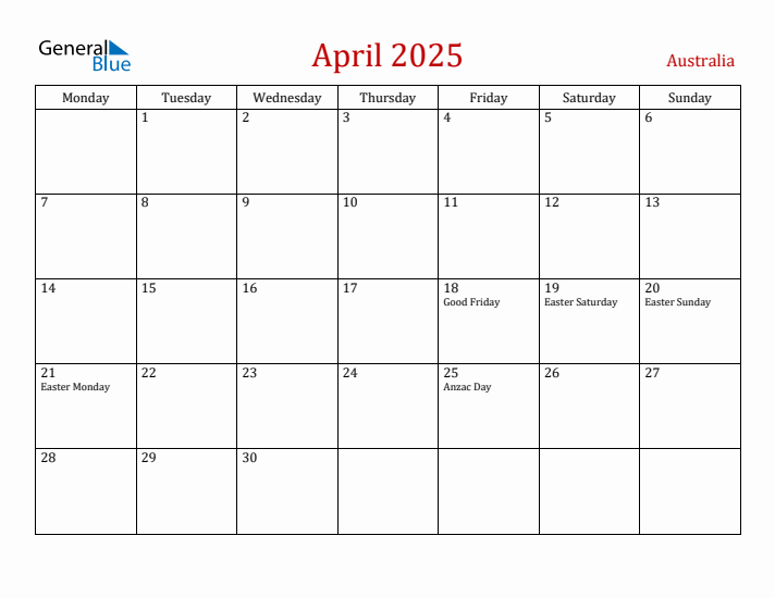 Australia April 2025 Calendar - Monday Start