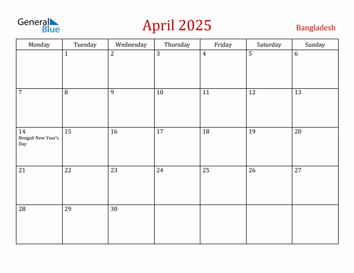 Bangladesh April 2025 Calendar - Monday Start