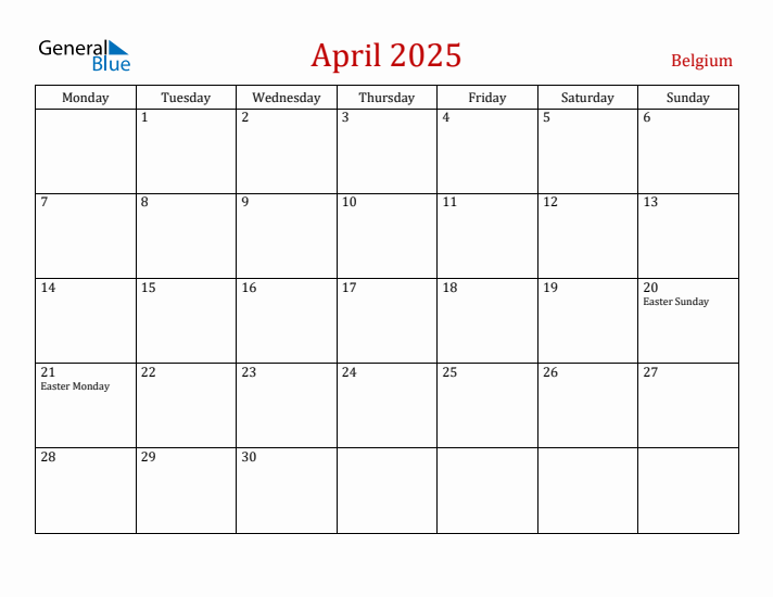 Belgium April 2025 Calendar - Monday Start