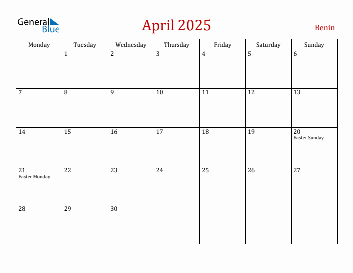 Benin April 2025 Calendar - Monday Start