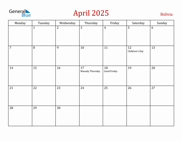 Bolivia April 2025 Calendar - Monday Start