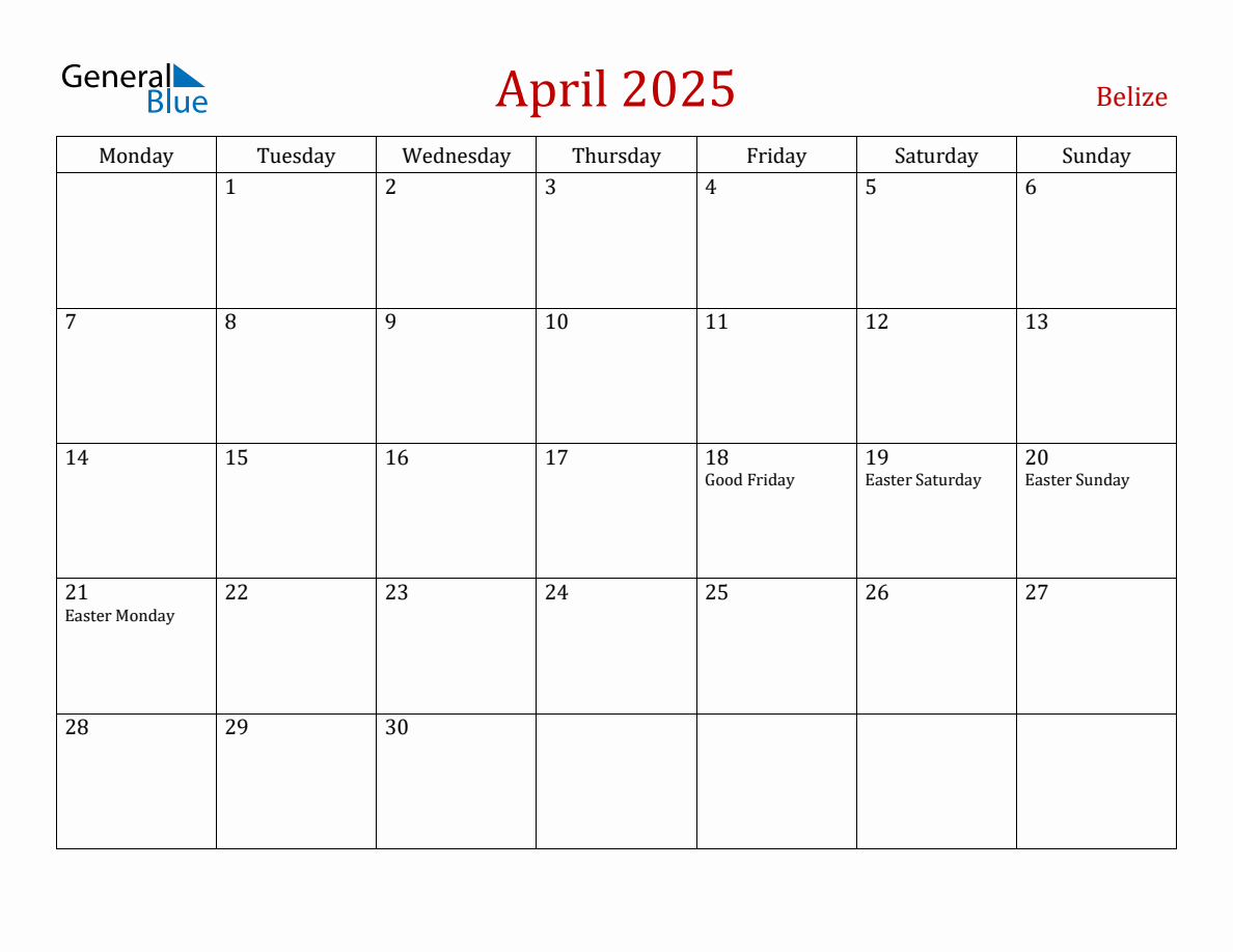 April 2025 Belize Monthly Calendar With Holidays