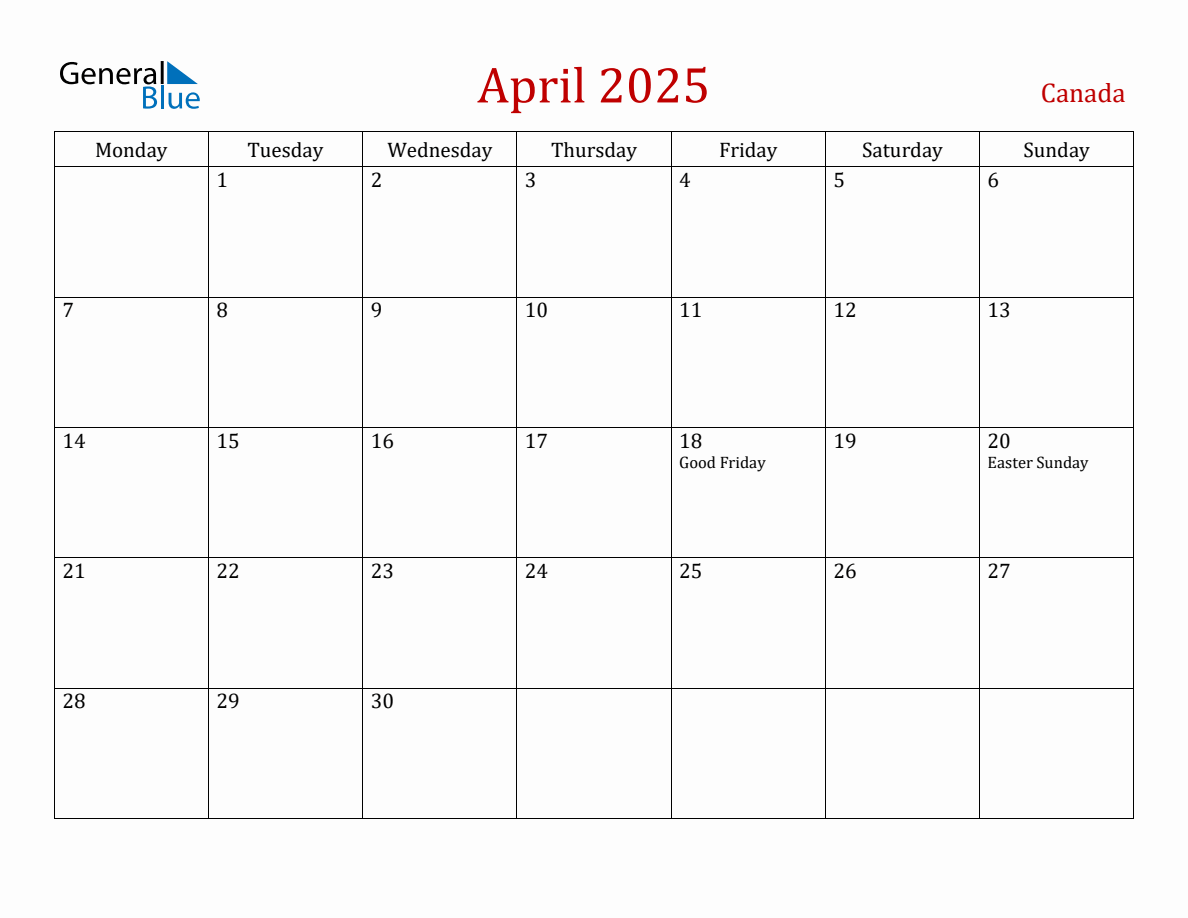 April 2025 Canada Monthly Calendar with Holidays