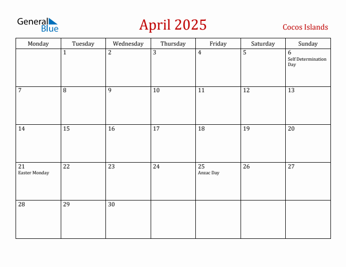 Cocos Islands April 2025 Calendar - Monday Start