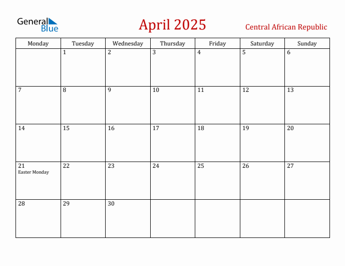 Central African Republic April 2025 Calendar - Monday Start