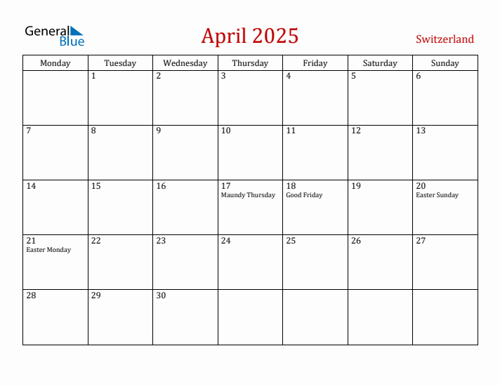 Switzerland April 2025 Calendar - Monday Start