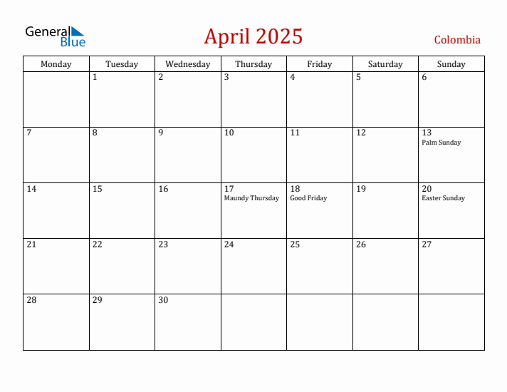 Colombia April 2025 Calendar - Monday Start