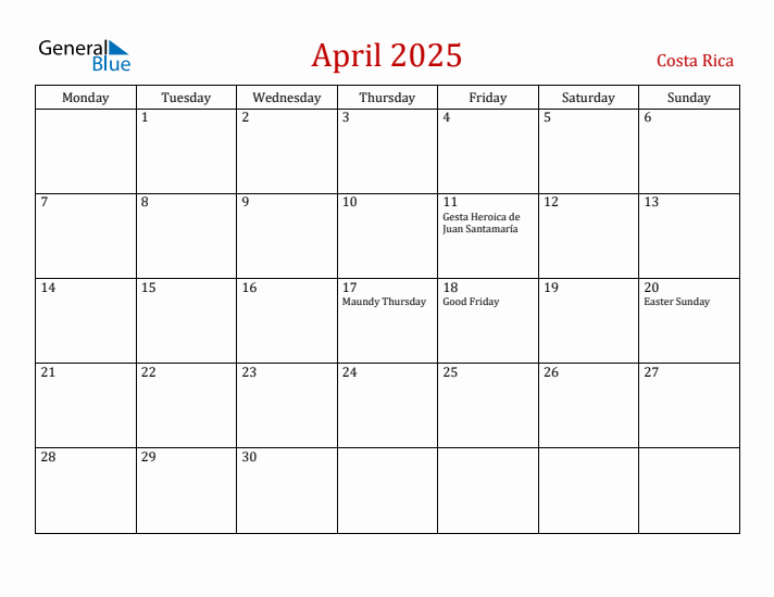 Costa Rica April 2025 Calendar - Monday Start