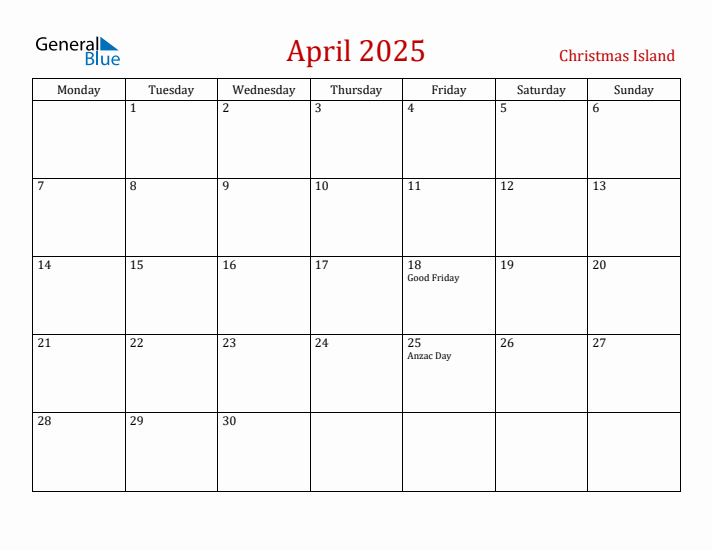 Christmas Island April 2025 Calendar - Monday Start