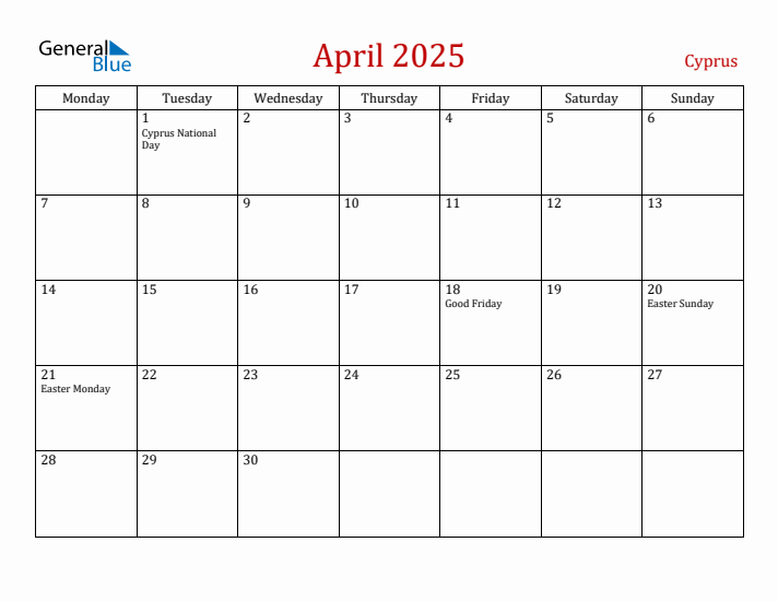 Cyprus April 2025 Calendar - Monday Start