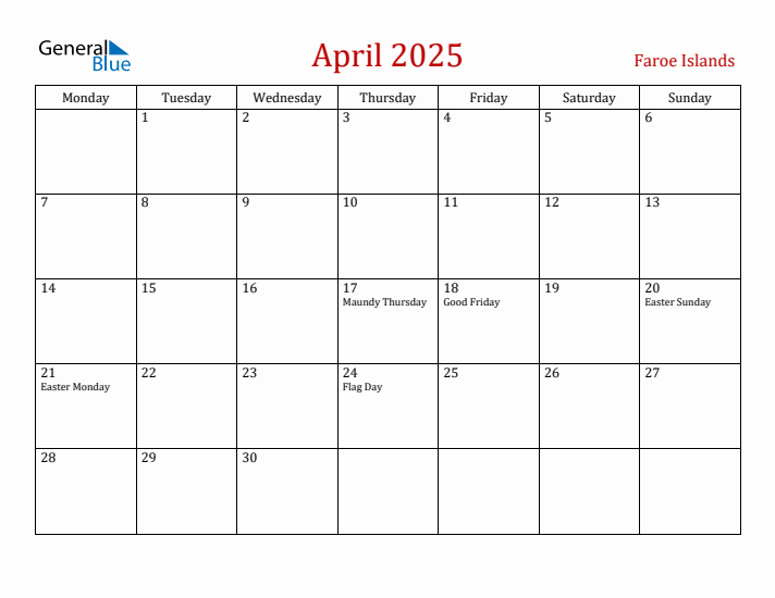 Faroe Islands April 2025 Calendar - Monday Start