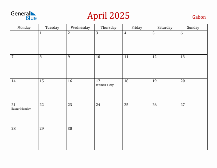 Gabon April 2025 Calendar - Monday Start