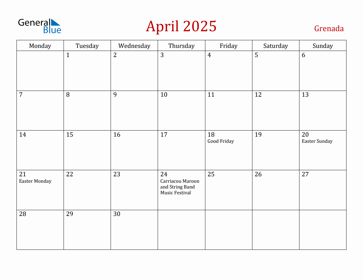 April 2025 Grenada Monthly Calendar with Holidays