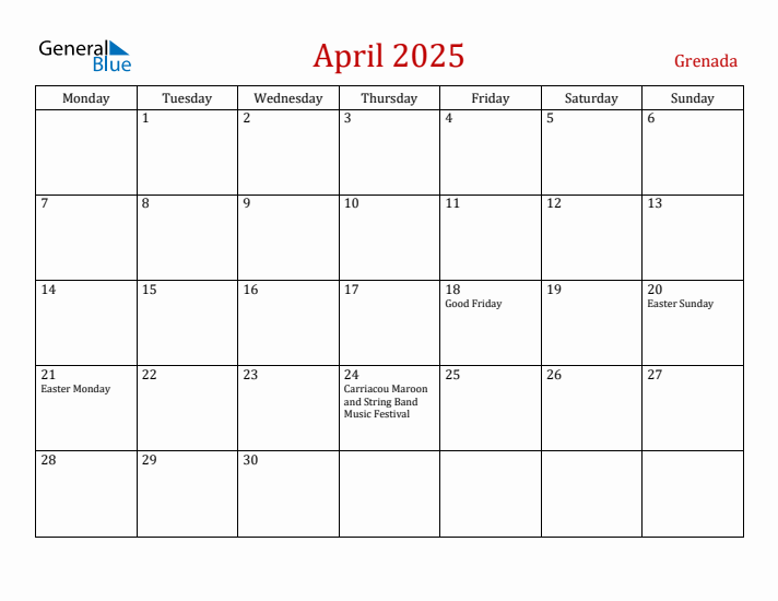 Grenada April 2025 Calendar - Monday Start