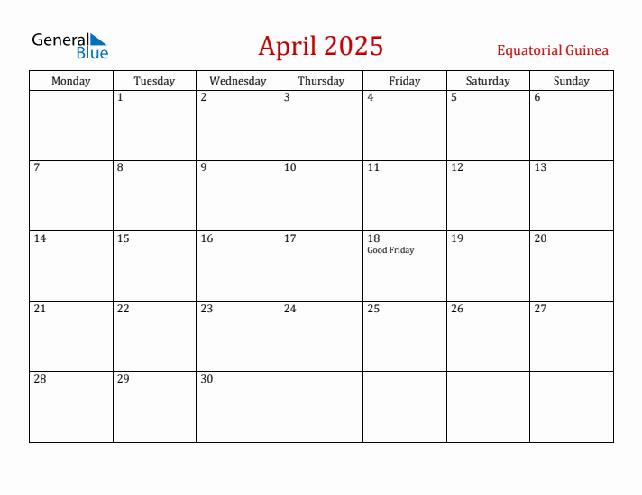 Equatorial Guinea April 2025 Calendar - Monday Start
