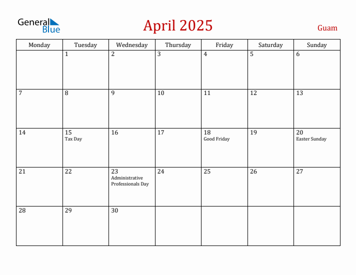 Guam April 2025 Calendar - Monday Start