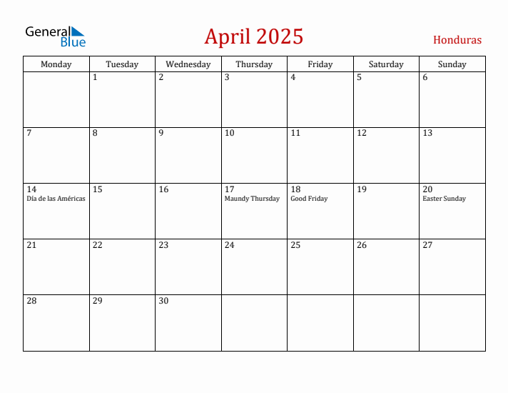 Honduras April 2025 Calendar - Monday Start