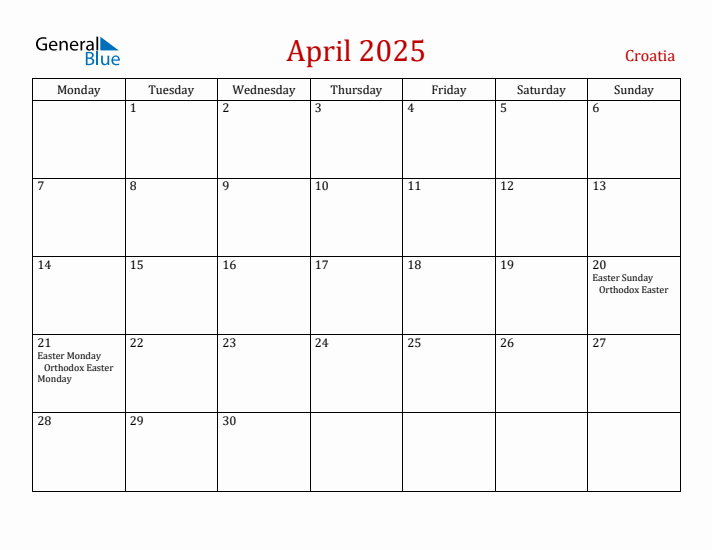 Croatia April 2025 Calendar - Monday Start