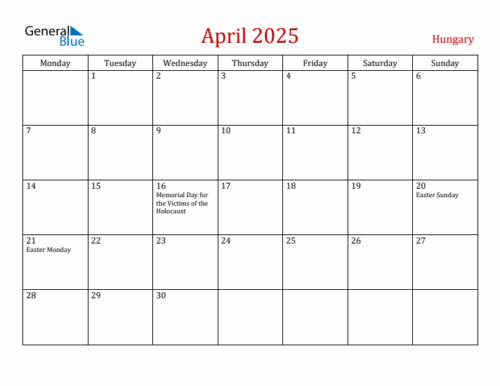 Hungary April 2025 Calendar - Monday Start