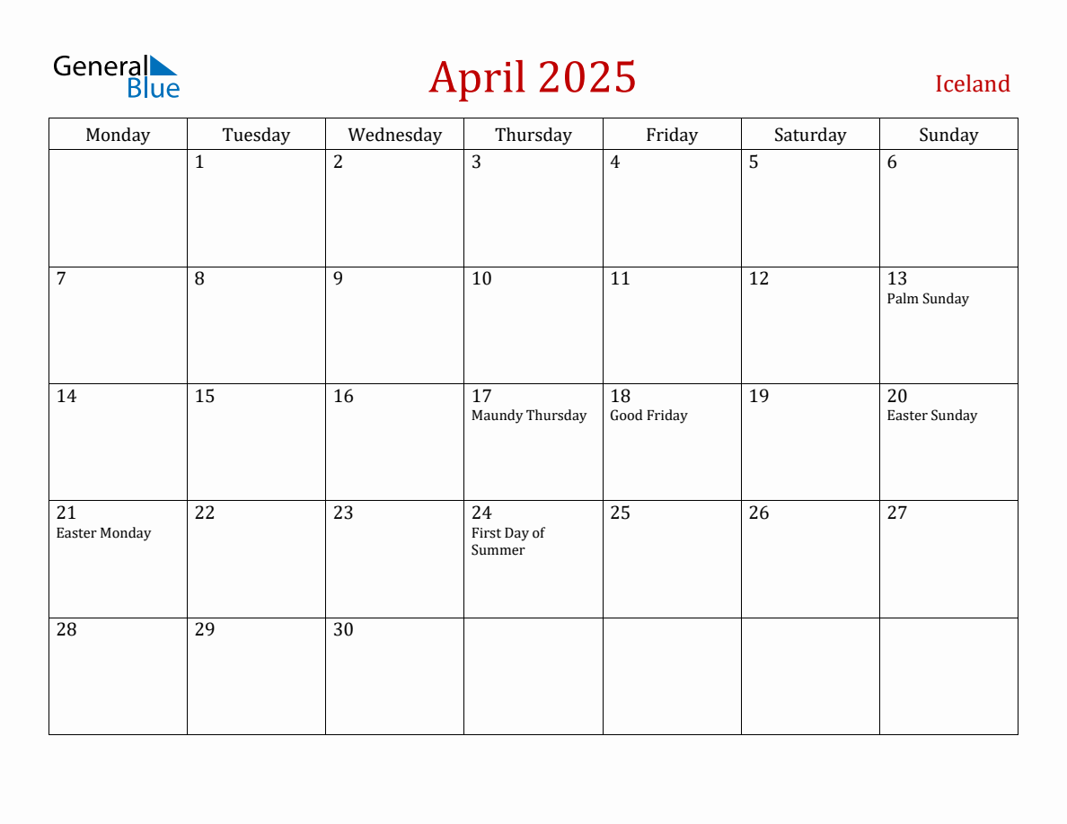 April 2025 Iceland Monthly Calendar with Holidays