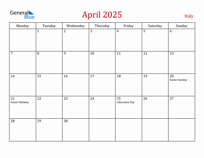 Italy April 2025 Calendar - Monday Start