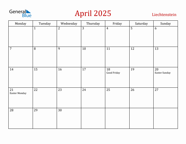 Liechtenstein April 2025 Calendar - Monday Start