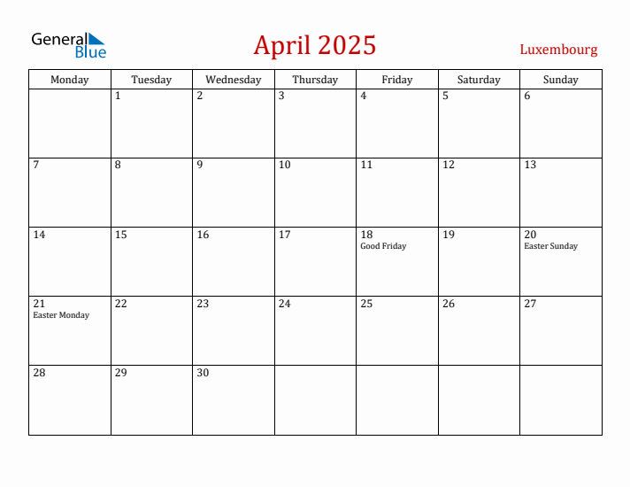 Luxembourg April 2025 Calendar - Monday Start
