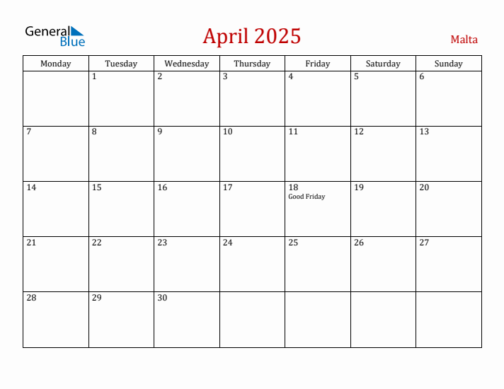Malta April 2025 Calendar - Monday Start