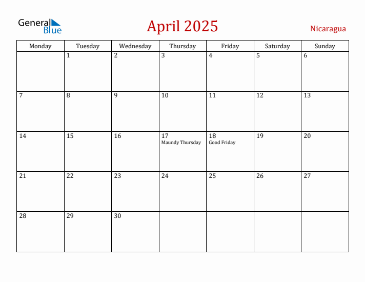 Nicaragua April 2025 Calendar - Monday Start