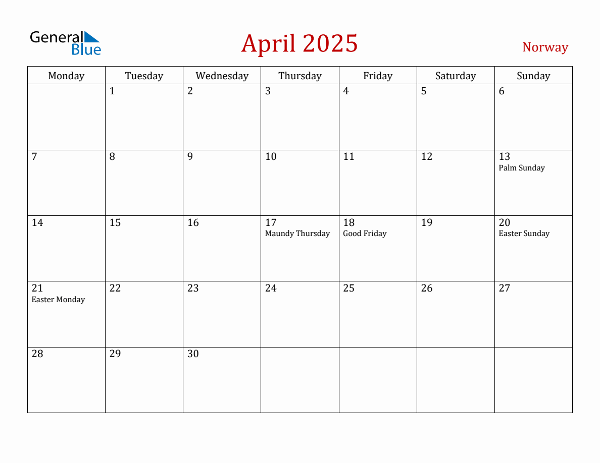 April 2025 Norway Monthly Calendar with Holidays