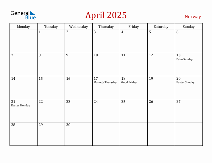 Norway April 2025 Calendar - Monday Start