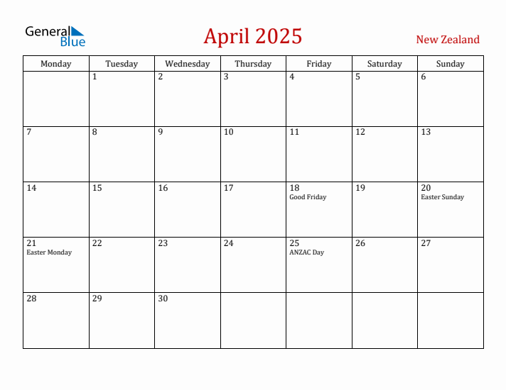 New Zealand April 2025 Calendar - Monday Start