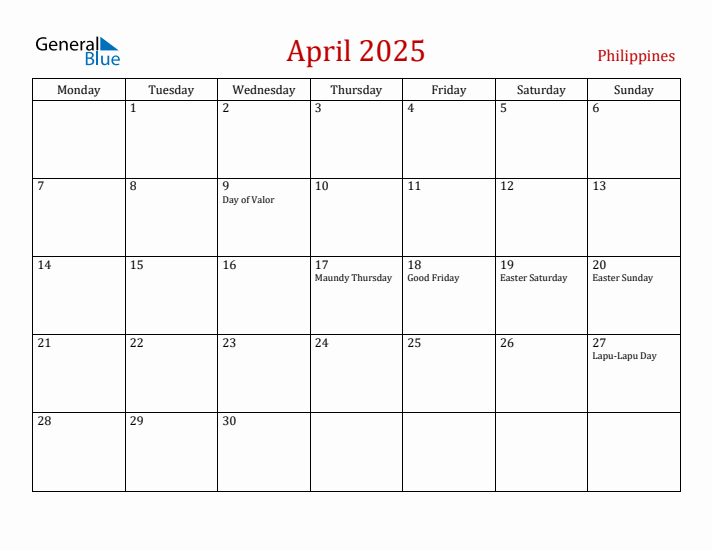 Philippines April 2025 Calendar - Monday Start
