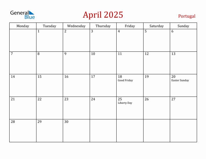 Portugal April 2025 Calendar - Monday Start