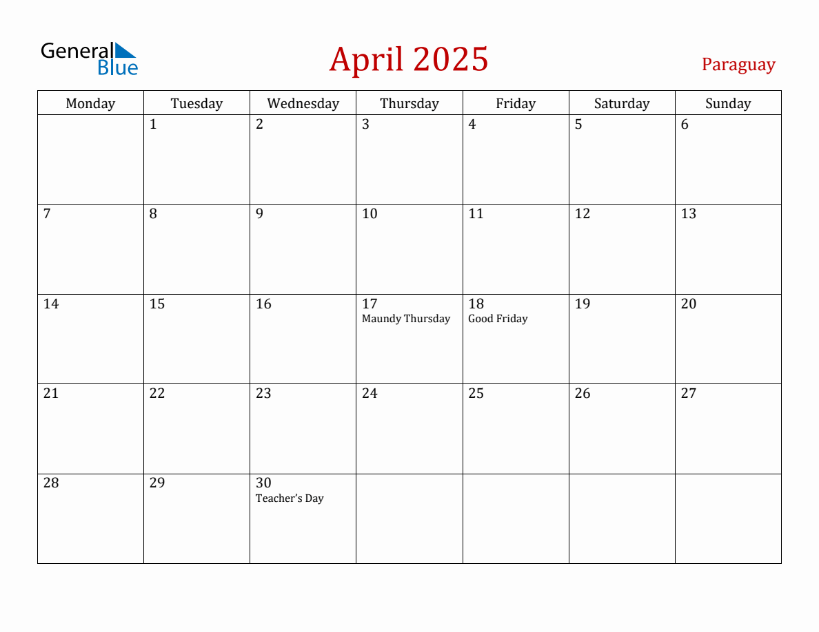 April 2025 Paraguay Monthly Calendar with Holidays