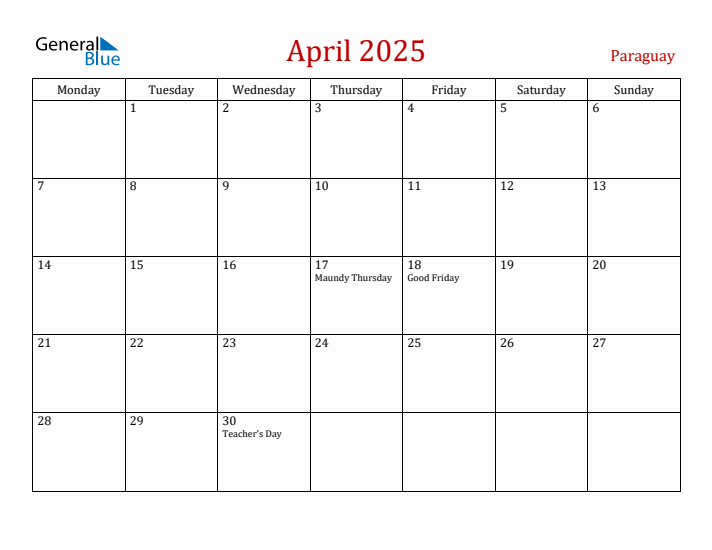 Paraguay April 2025 Calendar - Monday Start