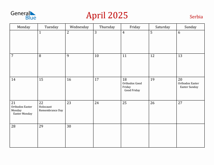 Serbia April 2025 Calendar - Monday Start