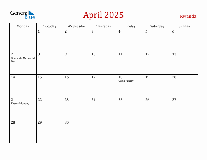 Rwanda April 2025 Calendar - Monday Start
