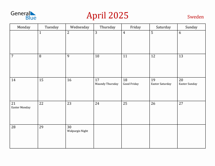 Sweden April 2025 Calendar - Monday Start
