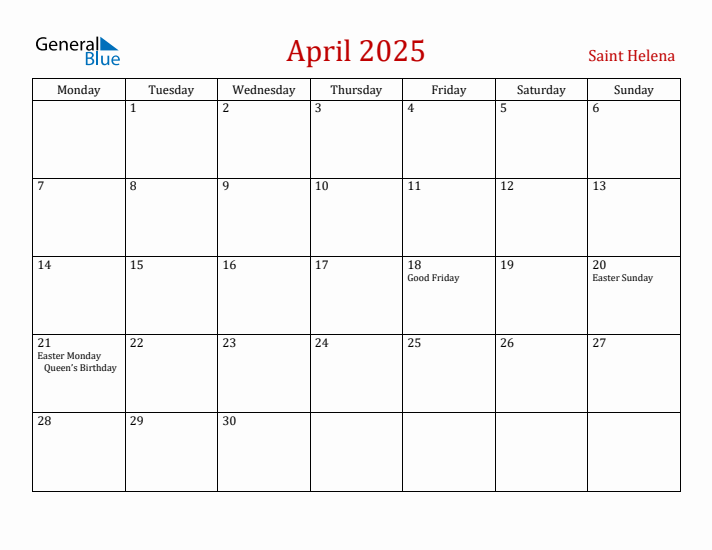 Saint Helena April 2025 Calendar - Monday Start